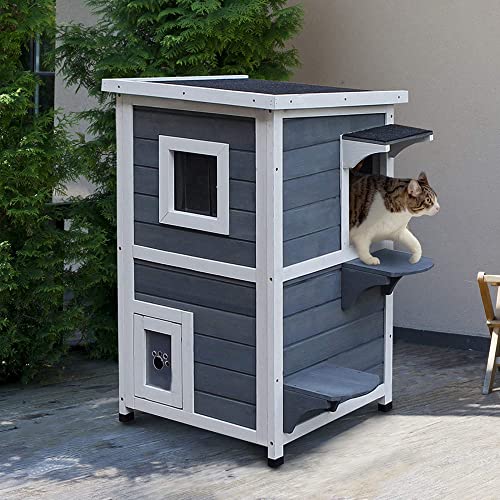 Pawhut Caseta para Gatos de Madera Exterior Casa para Gatos de 2 Pisos con Techo Abrible Ventanas y 2 Plataformas para Terraza Balcón Jardín 51x51x81,3 cm Gris