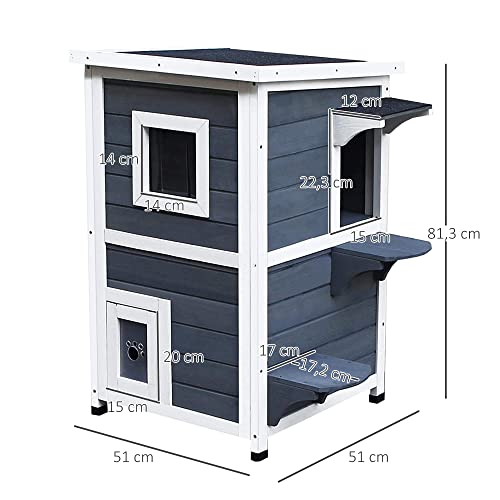 Pawhut Caseta para Gatos de Madera Exterior Casa para Gatos de 2 Pisos con Techo Abrible Ventanas y 2 Plataformas para Terraza Balcón Jardín 51x51x81,3 cm Gris