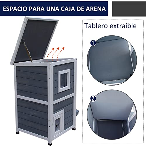 Pawhut Caseta para Gatos de Madera Exterior Casa para Gatos de 2 Pisos con Techo Abrible Ventanas y 2 Plataformas para Terraza Balcón Jardín 51x51x81,3 cm Gris