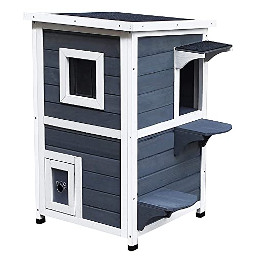 Pawhut Caseta para Gatos de Madera Exterior Casa para Gatos de 2 Pisos con Techo Abrible Ventanas y 2 Plataformas para Terraza Balcón Jardín 51x51x81,3 cm Gris