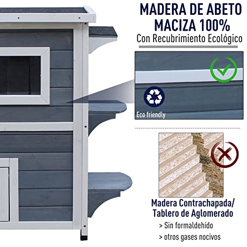 Pawhut Caseta para Gatos de Madera Exterior Casa para Gatos de 2 Pisos con Techo Abrible Ventanas y 2 Plataformas para Terraza Balcón Jardín 51x51x81,3 cm Gris