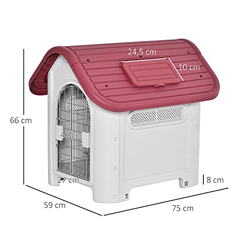 Pawhut Caseta para Perro con Puerta Extraíble Base Elevada 3 Respiraderos y Ventana Abrible Caseta de Perros para Interior y Exterior 59x75x66 cm Gris Rojo