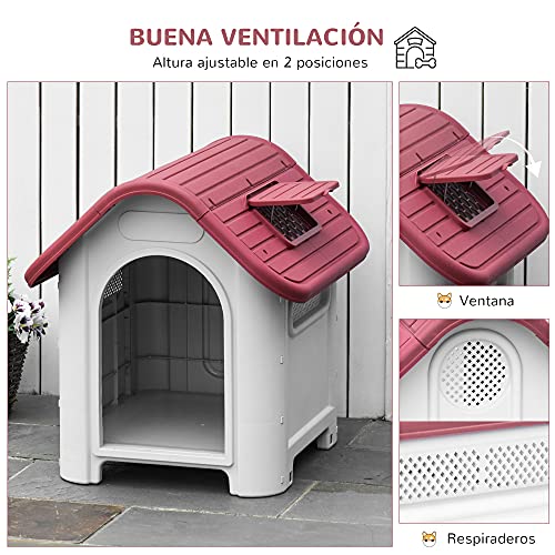 Pawhut Caseta para Perro con Puerta Extraíble Base Elevada 3 Respiraderos y Ventana Abrible Caseta de Perros para Interior y Exterior 59x75x66 cm Gris Rojo