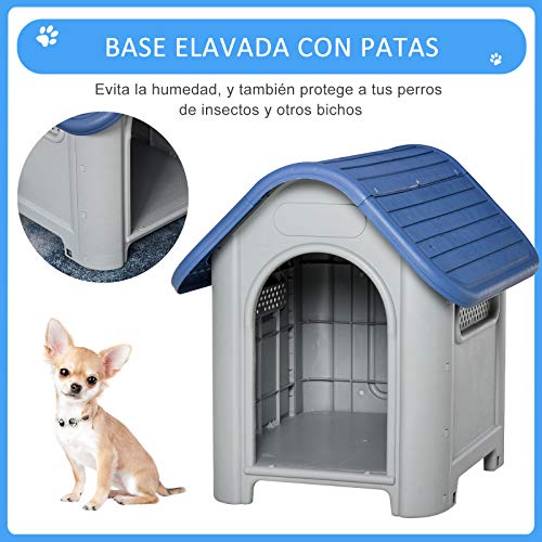 Pawhut Caseta para Perros Pequeños y Mini para Uso Interior y Exterior con respiraderos Estilo Cabaña Resistente 59x75x66 cm Azul y Gris