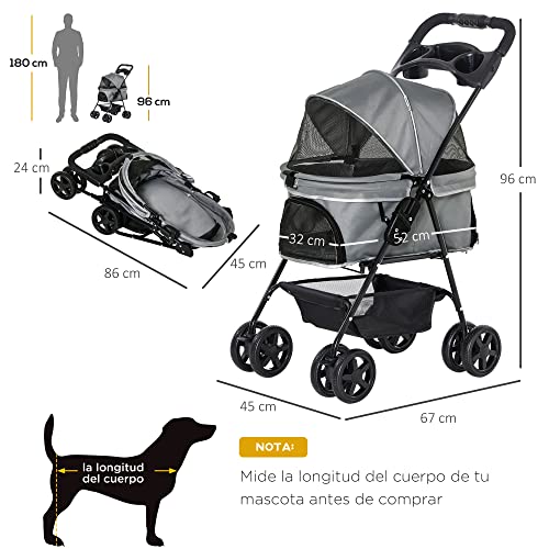 Pawhut Cochecito para Mascotas Plegable Carrito para Perros Desmontable Acero Tela Oxford Ruedas Giratorias Frenos Ventana para Perros Gatos Pequeñitos 67x45x96 cm Gris