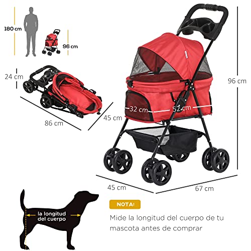 Pawhut Cochecito para Mascotas Plegable Carrito para Perros Desmontable Acero Tela Oxford Ruedas Giratorias Frenos Ventana para Perros Gatos Pequeñitos 67x45x96 cm Rojo