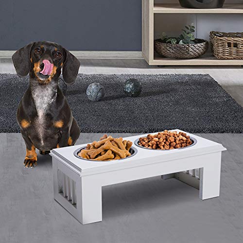 Pawhut Comedero Elevado para Perros con Soporte y 2 Cuencos Extraíbles de Acero Inoxidable Alimentador para Mascotas Alimento y Agua 44x24x15 cm Blanco