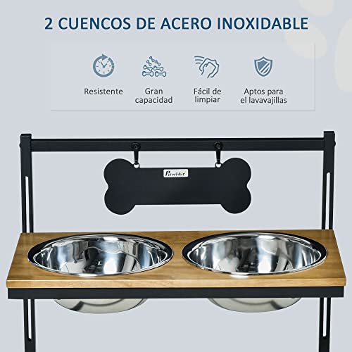 PawHut Comedero para Perros Elevado Altura Ajustable con 2 Cuencos de Acero Inoxidable Alimentador de Agua y Comida para Mascotas 58x32x50 cm Negro y Roble