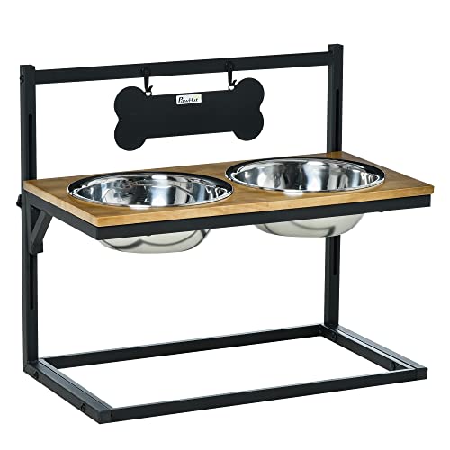 PawHut Comedero para Perros Elevado Altura Ajustable con 2 Cuencos de Acero Inoxidable Alimentador de Agua y Comida para Mascotas 58x32x50 cm Negro y Roble