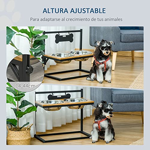 PawHut Comedero para Perros Elevado Altura Ajustable con 2 Cuencos de Acero Inoxidable Alimentador de Agua y Comida para Mascotas 58x32x50 cm Negro y Roble