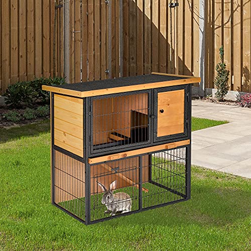 Pawhut Conejera de Exterior de Madera Jaula para Mascotas Pequeñas 2 Niveles con Rampa Bandeja Extraíble Puertas con Cerraduras 89,5x45x81 cm Madera y Gris