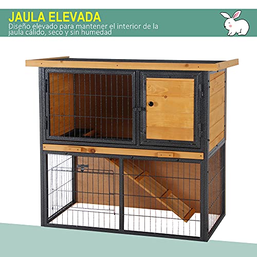 Pawhut Conejera de Exterior de Madera Jaula para Mascotas Pequeñas 2 Niveles con Rampa Bandeja Extraíble Puertas con Cerraduras 89,5x45x81 cm Madera y Gris