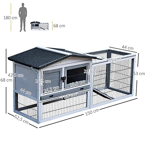 PawHut Conejera de Exterior Hecha de Madera Jaula para Conejos con Múltiples Entradas Bandeja Extraíble y Lavable Gran Espacio Interior Color Gris Techo Verde 150x52.5x68cm
