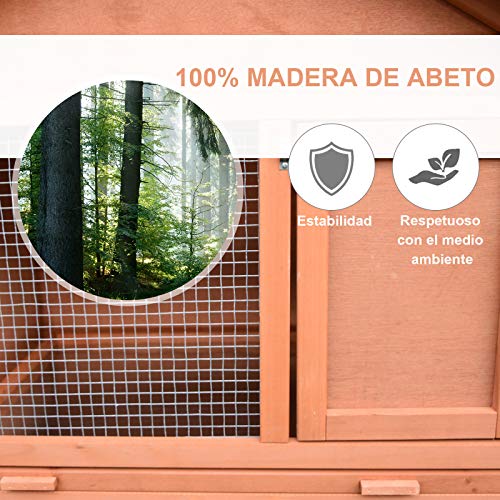 PawHut Conejera de Exterior Hecha de Madera Jaula para Conejos Dos Niveles con Techo Puerta y Ventana Bandeja Extraíble y Lavable Alta Comodidad Gran Espacio 144x64.5x100cm