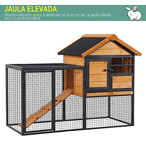 Pawhut Conejera de Exterior Jaula para Mascotas Pequeñas 2 Niveles con Rampa Bandeja Extraíble de Madera y Metal 122x63x92 cm para Conejos Cobayas Madera y Gris