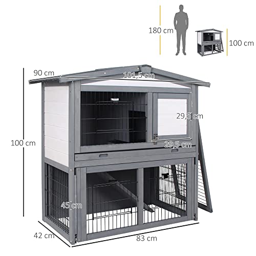 PawHut Conejera de Exterior Madera de 2 Niveles Jaula para Conejos Animales Pequeños con Techo Abatible Zona Abierto Telescópica Bandeja Extraíble y Rampa 101,5x90x100 cm Gris