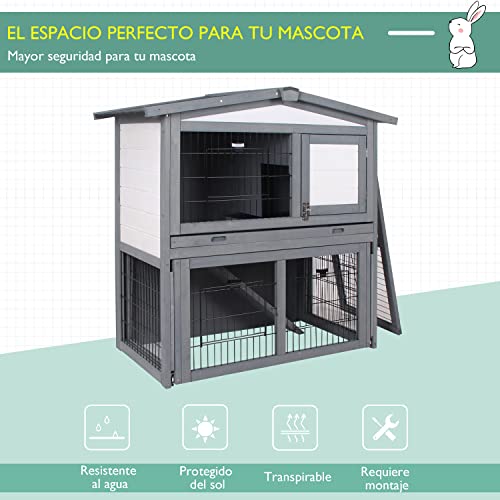 PawHut Conejera de Exterior Madera de 2 Niveles Jaula para Conejos Animales Pequeños con Techo Abatible Zona Abierto Telescópica Bandeja Extraíble y Rampa 101,5x90x100 cm Gris