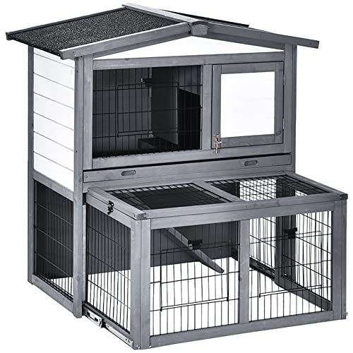 PawHut Conejera de Exterior Madera de 2 Niveles Jaula para Conejos Animales Pequeños con Techo Abatible Zona Abierto Telescópica Bandeja Extraíble y Rampa 101,5x90x100 cm Gris