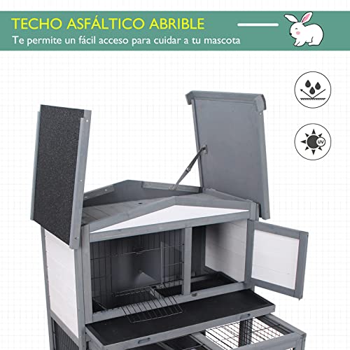 PawHut Conejera de Exterior Madera de 2 Niveles Jaula para Conejos Animales Pequeños con Techo Abatible Zona Abierto Telescópica Bandeja Extraíble y Rampa 101,5x90x100 cm Gris