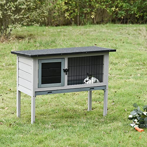 Pawhut Conejera de Madera Caseta Exterior Refugio para Mascotas Pequeñas Conejos Cobayas con Bandeja Extraíble y Techo Asfáltico 86x45x70 cm Gris y Negro