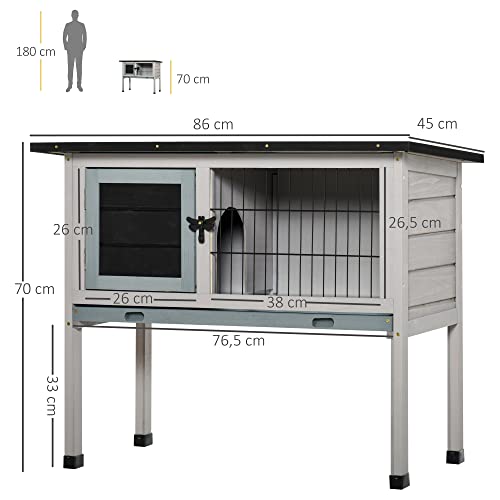 Pawhut Conejera de Madera Caseta Exterior Refugio para Mascotas Pequeñas Conejos Cobayas con Bandeja Extraíble y Techo Asfáltico 86x45x70 cm Gris y Negro