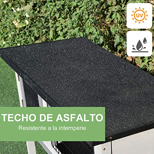 Pawhut Conejera de Madera Caseta Exterior Refugio para Mascotas Pequeñas Conejos Cobayas con Bandeja Extraíble y Techo Asfáltico 86x45x70 cm Gris y Negro