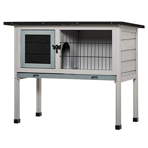 Pawhut Conejera de Madera Caseta Exterior Refugio para Mascotas Pequeñas Conejos Cobayas con Bandeja Extraíble y Techo Asfáltico 86x45x70 cm Gris y Negro