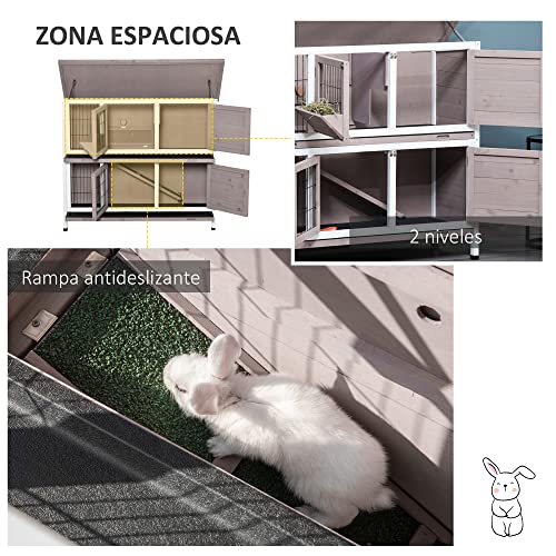 PawHut Conejera de Madera Exterior de 2 Niveles Jaula para 1-2 Conejos con Techo Abrible Comedero Bandejas Extraíbles Rampa y Puertas con Cerradura 122x50x101 cm Marrón