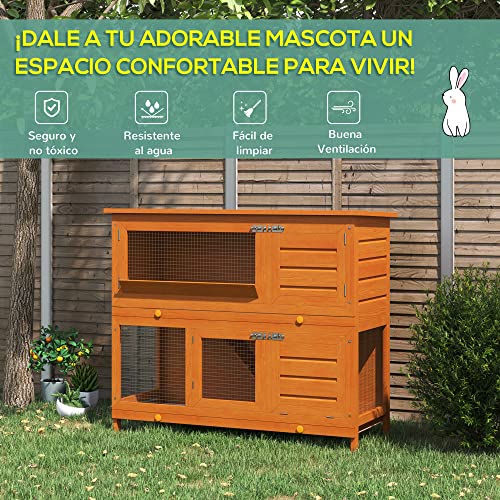 PawHut Conejera de Madera Exterior de 2 Niveles Jaula para Conejos con Techo de Asfalto Abrible Rampa Puertas y 2 Bandejas Extraíbles 120x48x100 cm Madera Natural