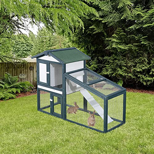 PawHut Conejera de Madera Exterior Jaula para Conejos de 2 Niveles con Bandeja Extraíble y Múltiples Entradas Techo de Asfalto Cobayas Gallinas 140x65x100 cm Verde