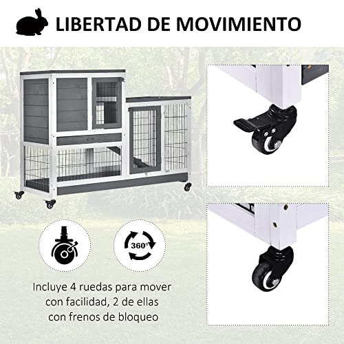 PawHut Conejera de Madera Interior con Ruedas Jaula para Conejos Mascotas Pequeñas de 2 Pisos con Zona Abierta Rampa y 2 Bandejas Extraíbles 110x50x86 cm Gris