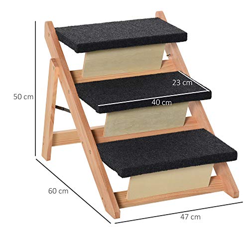 Pawhut Escalera de Madera para Perros Plegable 2 en 1 Rampa para Mascotas Portátil con 3 Escalones para Acceso al Sofá y Cama Alta 60x47x50 cm Negro y Natural