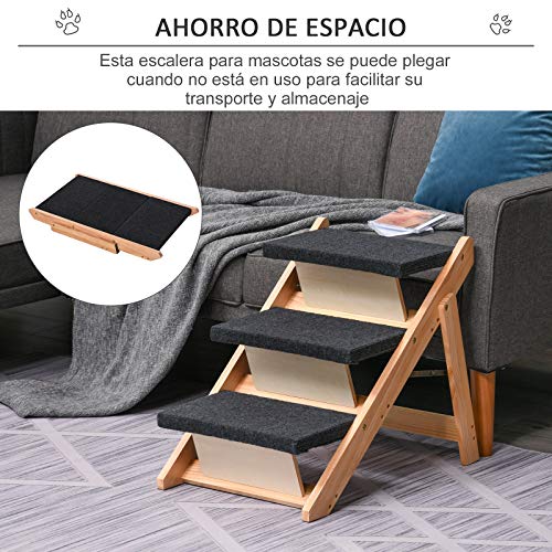 Pawhut Escalera de Madera para Perros Plegable 2 en 1 Rampa para Mascotas Portátil con 3 Escalones para Acceso al Sofá y Cama Alta 60x47x50 cm Negro y Natural