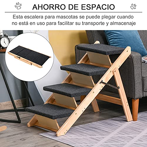 Pawhut Escalera de Madera para Perros Plegable 2 en 1 Rampa para Mascotas Portátil con 4 Escalones para Acceso al Sofá y Cama Alta 80x47x64 cm Negro y Natural