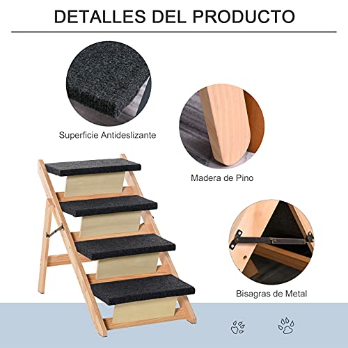 Pawhut Escalera de Madera para Perros Plegable 2 en 1 Rampa para Mascotas Portátil con 4 Escalones para Acceso al Sofá y Cama Alta 80x47x64 cm Negro y Natural