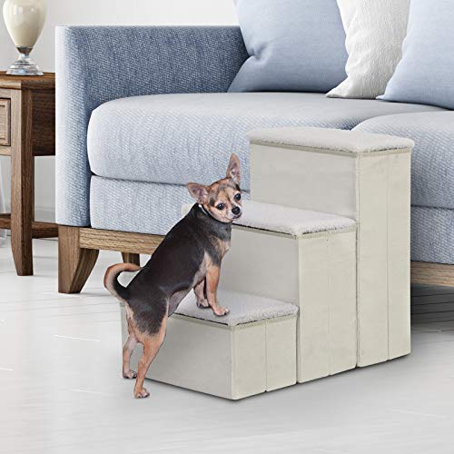 Pawhut Escalera para Mascotas de 3 Peldaños Plegable con Tapas Abatibles y Espacio de Almacenamiento 3 Escalones de Perros Gatos Pequeños para Cama Sofá 40x54x48 cm Blanco