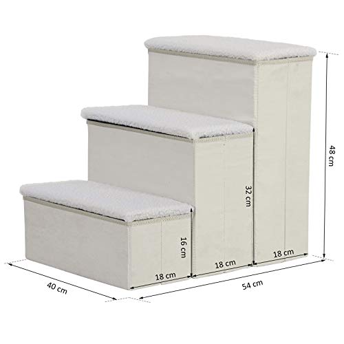 Pawhut Escalera para Mascotas de 3 Peldaños Plegable con Tapas Abatibles y Espacio de Almacenamiento 3 Escalones de Perros Gatos Pequeños para Cama Sofá 40x54x48 cm Blanco