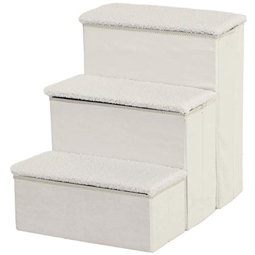 Pawhut Escalera para Mascotas de 3 Peldaños Plegable con Tapas Abatibles y Espacio de Almacenamiento 3 Escalones de Perros Gatos Pequeños para Cama Sofá 40x54x48 cm Blanco