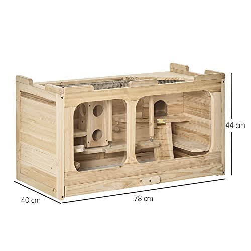 Pawhut Jaula de Madera para Hámster Ratones Casa de Roedores con 2 Escondites Techo Abatible Bandeja Extraíble Múltiples Plataformas Rampa y Columpios 78x40x44 cm Natural