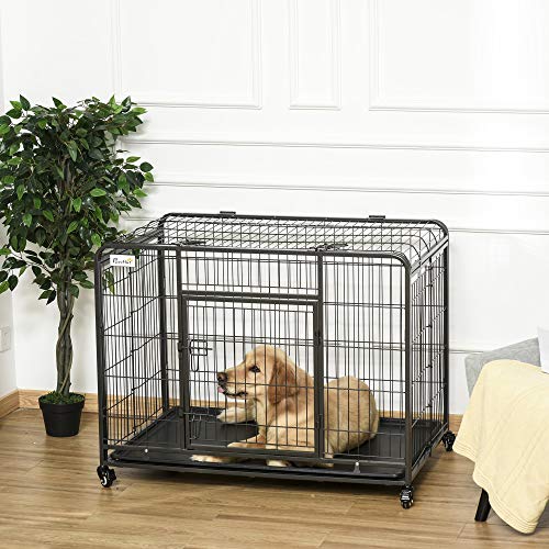 Pawhut Jaula de Metal para Perros Plegable con Ruedas y Frenos Bandeja Extraíble y Puerta con Pestillos para Golden Retriver Labrador 109,5x71x78 cm Gris Oscuro