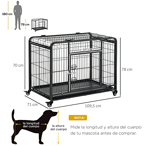 Pawhut Jaula de Metal para Perros Plegable con Ruedas y Frenos Bandeja Extraíble y Puerta con Pestillos para Golden Retriver Labrador 109,5x71x78 cm Gris Oscuro