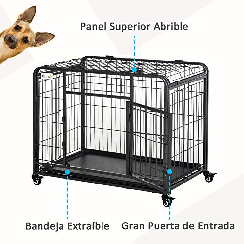 Pawhut Jaula de Metal para Perros Plegable con Ruedas y Frenos Bandeja Extraíble y Puerta con Pestillos para Golden Retriver Labrador 125x76x81 cm Gris Oscuro