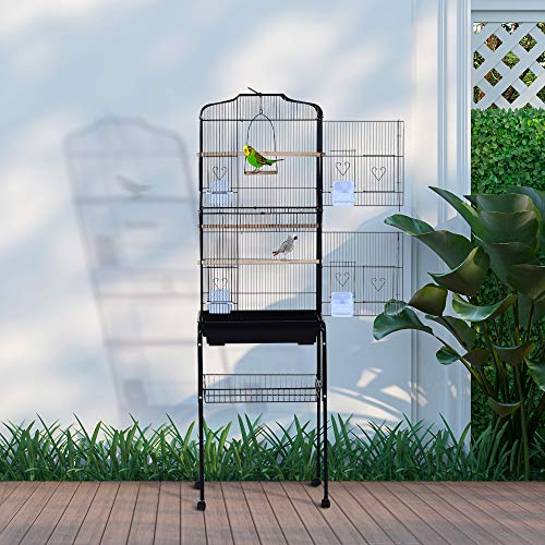 Pawhut Jaula de Pájaros con 2 Puerta Jaulas para Aves con 4 Ruedas Universales Jaulas para Canarios Loros 47,5x37x153 cm Negro