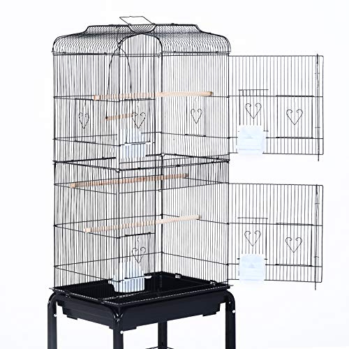 Pawhut Jaula de Pájaros con 2 Puerta Jaulas para Aves con 4 Ruedas Universales Jaulas para Canarios Loros 47,5x37x153 cm Negro