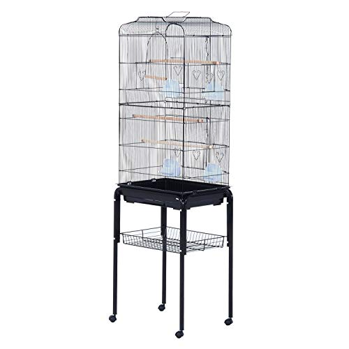 Pawhut Jaula de Pájaros con 2 Puerta Jaulas para Aves con 4 Ruedas Universales Jaulas para Canarios Loros 47,5x37x153 cm Negro