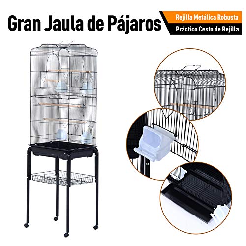 Pawhut Jaula de Pájaros con 2 Puerta Jaulas para Aves con 4 Ruedas Universales Jaulas para Canarios Loros 47,5x37x153 cm Negro