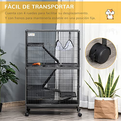 Pawhut Jaula Grande para Roedores 80x52x128 cm Casa de 4 Alturas con Rampas Hamaca Colgante Bandeja Extraíble Ruedas Puertas Gris Plateado