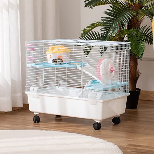 PawHut Jaula para Hámster Chalé para Roedores Pequeños con Casa Especial Comedero Bebedero Escaleras Rueda de Ejercicio Asas y Ruedas con Freno 60x35x47 cm Blanco