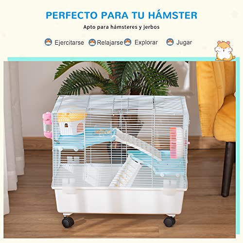 PawHut Jaula para Hámster Chalé para Roedores Pequeños con Casa Especial Comedero Bebedero Escaleras Rueda de Ejercicio Asas y Ruedas con Freno 60x35x47 cm Blanco