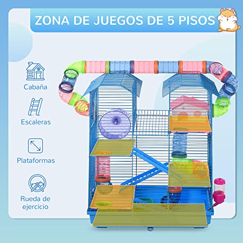 PawHut Jaula para Hámster Hábitat para Animales Pequeños de Múltiples Niveles con 4 Plataformas Bebedero Rueda de Ejercicio Escaleras Sistema de Tubos 51,5x36x59 cm Azul